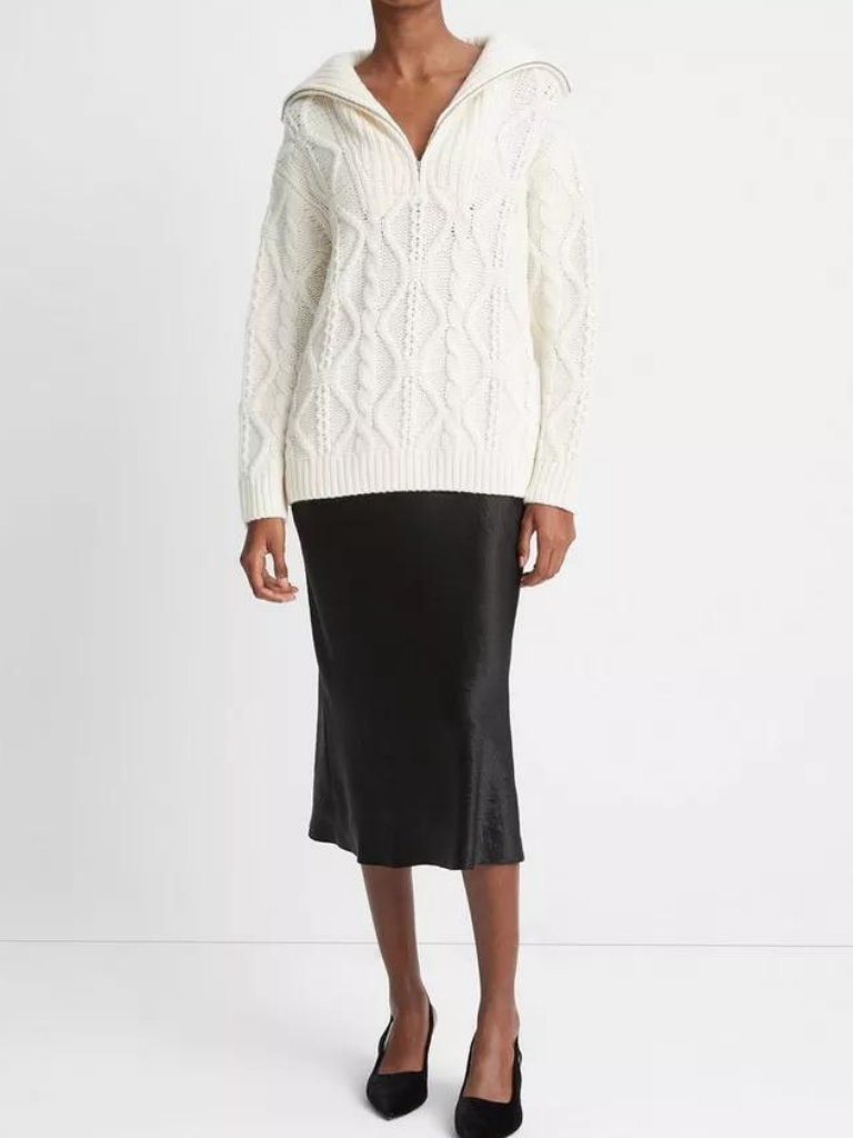 Wool Cable Half-Zip Pullover in Off White