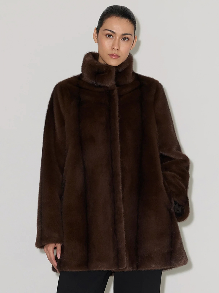 Sheila Faux Mink Fur Swing Coat in Espresso