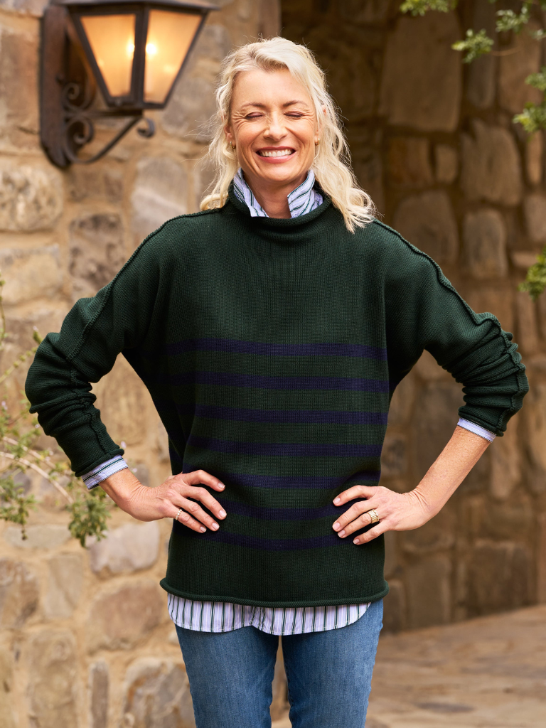 Monterey Rolled Funnel Neck Sweater in Green w/ Navy Stripe