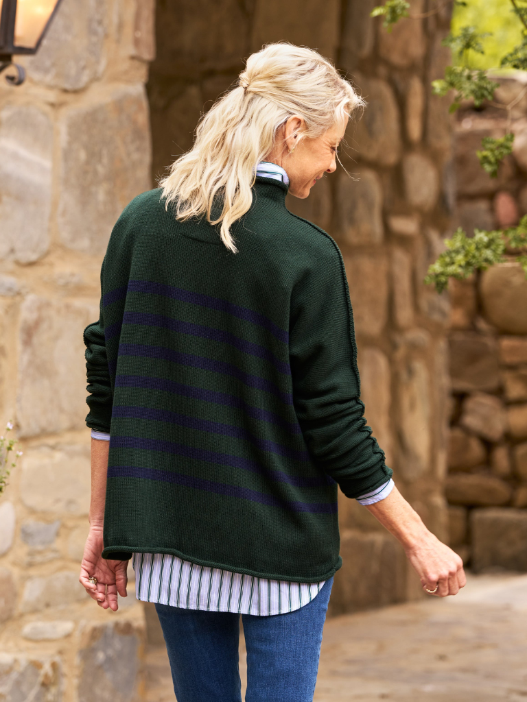 Monterey Rolled Funnel Neck Sweater in Green w/ Navy Stripe