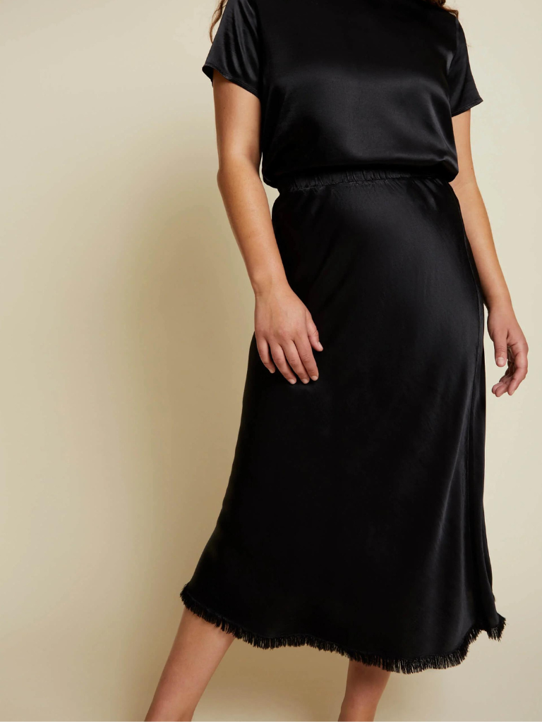 Mabel Raw Hem Midi Slip Skirt in Black